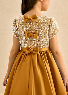 Azazie Cashew Flower Girl Dresses Butterscotch Ball-Gown with Sleeves Matte Satin Dress image7