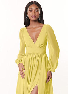 Azazie Norah Vestidos de damas de honor Vestido de Canario de Gasa de Corte en A con Manga larga con cuello en V image5