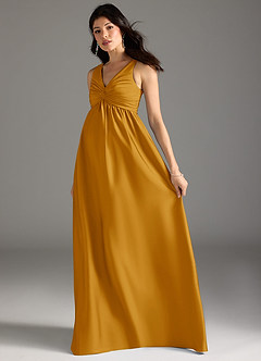 Azazie Yetta Robes de demoiselle d'honneur de maternité Robe Trapèze Plissée Longueur ras du sol Satin extensible image6