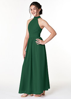 Azazie Iman Junior Dark Green A-Line Pleated Chiffon Dress image3