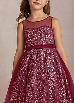 Azazie Siwa Flower Girl Dresses Burgundy A-Line Beaded Tulle Dress image4