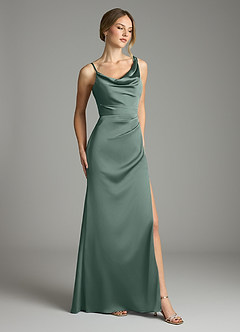 Azazie Samara Vestidos de damas de honor Vestido de Musgo Marino de Satén Elástico de Corte Sirena con Plisado image4