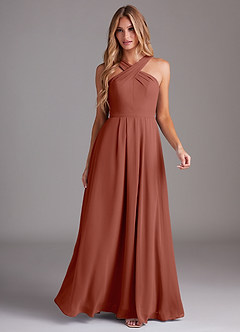 Azazie Dixie Bridesmaid Dresses Auburn A-Line Halter Pleated Chiffon Dress image3