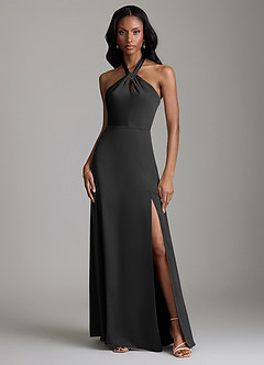 Azazie Tracie Bridesmaid Dresses Black A-Line Side Slit Stretch Satin Dress image1