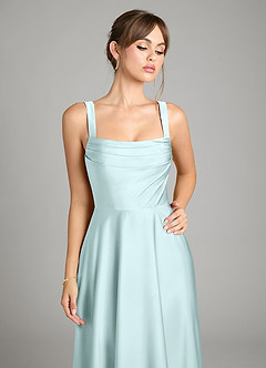 Azazie Shaude Bridesmaid Dresses Sea Glass A-Line Pleated Stretch Satin Dress image3