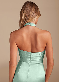 Azazie Jemma Bridesmaid Dresses Agave Sheath Pleated Metallic Satin Dress image2