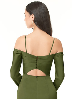 Azazie Hallie Bridesmaid Dresses Olive Sheath Off-The-Shoulder Long Sleeve Stretch Satin Convertible Dress image8