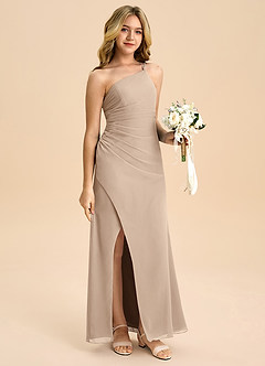 Azazie Eren Junior Taupe A-Line Pleated Chiffon Dress image3