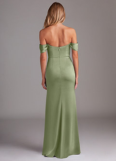 Azazie Saige Bridesmaid Dresses Pistachio Sheath Off the Shoulder Stretch Satin Dress image10