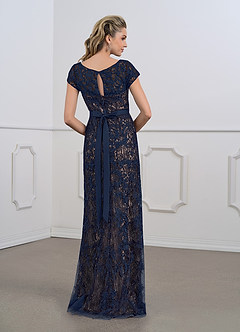 Azazie Dorit Mother of the Bride Dresses Dark Navy Champagne Sheath Scoop Lace Dress image2