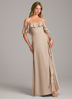 Azazie Aubrie Bridesmaid Dresses Taupe A-Line Off the Shoulder Chiffon Dress image5