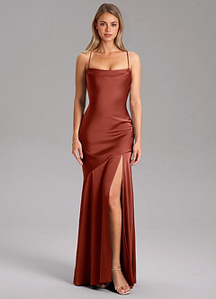 Azazie Grata Robes de demoiselle d'honneur Robe Fourreau en Satin extensible Fente Latérale Terracotta image3