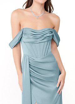Azazie Amyra Bridesmaid Dresses Moody Blue Sheath Off the Shoulder Stretch Satin Convertible Dress image9
