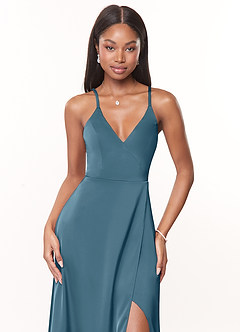 Azazie Maksim Bridesmaid Dresses Bermuda A-Line V-Neck Stretch Satin Dress image5