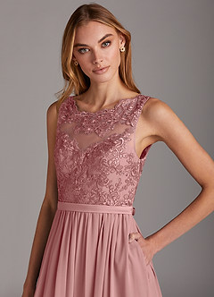 Azazie Elly Abiti da Damigella Abito A-Line in Chiffon Scollo a barchetta in pizzo Rosa Polverosa image6