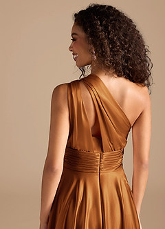 Azazie Charlize Bridesmaid Dresses Copper A-Line One Shoulder Metallic Satin Dress image3