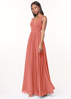 Azazie Keyla Bridesmaid Dresses Salmon Pink A-Line V-Neck Pleated Chiffon Dress image3