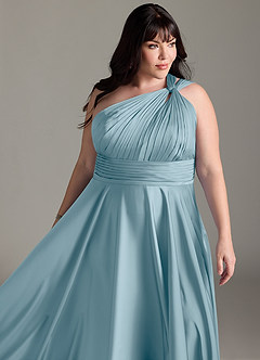 Azazie Charlize Bridesmaid Dresses Moody Blue A-Line One Shoulder Stretch Satin Dress image15