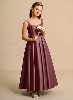 Azazie Mochi Girl Jurken voor bloemenmeisjes Baljurk Jurk van Mat Satijn Geplooid Woestijnroos image4