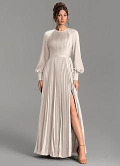 Azazie Grayson Bridesmaid Dresses White Alabaster A-Line Long Sleeve Stretch Satin Dress image1