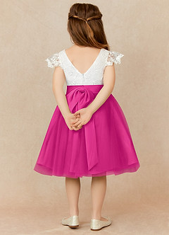 Vintage Lace Fuchsia Gown Flower Girl Dress With Satin Pearls And Sheer Neckline - ZJ414