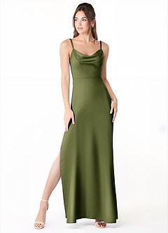 Azazie Alaija Bridesmaid Dresses Olive Mermaid Side Slit Stretch Satin Dress image2