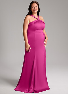 Azazie Rue Bridesmaid Dresses Fuchsia A-Line Pleated Stretch Satin Dress image12