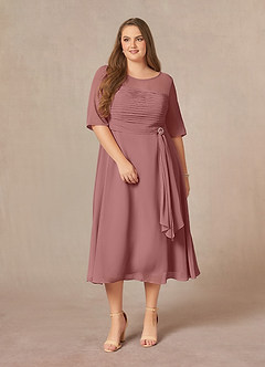 Azazie Naomi vestidos de madre de la novia Vestido de Rosa Del Desierto de Gasa de Corte En A con Cuello barco plisado image12