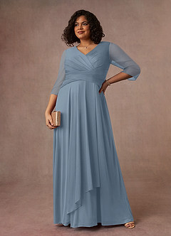 Azazie Annetta Mother of the Bride Dresses Dusty Blue A-Line V-Neck Pleated Mesh Dress image7