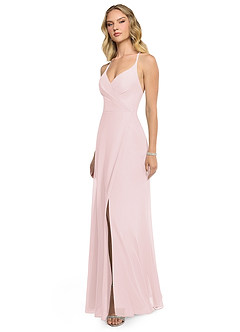 Azazie Davis Robes de demoiselle d'honneur Robe Trapèze en Mousseline de soie Col en V Rose Pâle image3