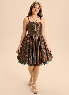 Azazie Jolie Junior Formal Linia A Marszczony Metaliczny satynowy Mini Młodsza druhna Sukienka image4