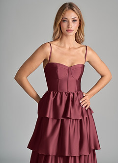 Azazie Faye Bridesmaid Dresses Merlot A-Line Ruched Stretch Satin Dress image2