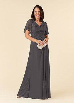 Azazie Emmeline Mère de la mariée Robes Robe Trapèze en Maille Col V plissé Gris Acier image1