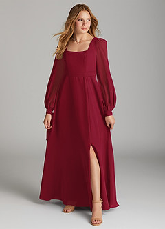 Azazie Leonia Junior Burgundy A-Line with Pockets Chiffon Dress image1