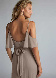 Azazie Fiena Final Sale Taupe A-Line V-neck Ruched Mesh Dress image5