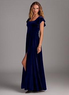 Azazie Bondi Vestidos de damas de honor Vestido de Azul Marino Oscuro de terciopelo de Corte en A con Corte Lateral image5