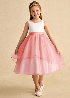 Azazie Rene Flower Girl Dresses Ivory Coral A-Line Bow Tulle Dress image4