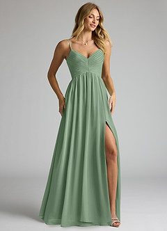 Azazie Alia At-home Try On Dresses Matcha A-Line Pleated Chiffon Dress image2
