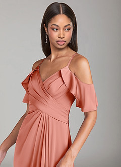 Azazie Dakota Jurken voor bruidsmeisjes Jurk van Stretch Satijn met A-Lijn Off the Shoulder Koraal image5