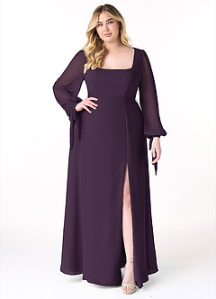 Azazie Leonia Bridesmaid Dresses Plum A-Line Long Sleeve Chiffon Dress image8