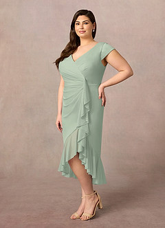 Azazie Renetta Mother of the Bride Dresses Dusty Sage Sheath V-Neck Pleated Mesh Dress image9