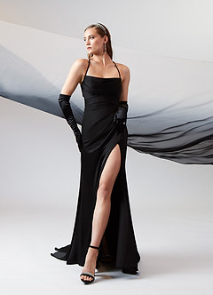 Azazie Kierra Wedding Dresses Black Mermaid Pleated Stretch Satin Dress image4