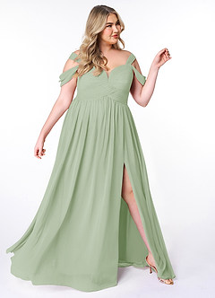Azazie Lianne Bridesmaid Dresses Dusty Sage A-Line Off the Shoulder Chiffon Dress image4