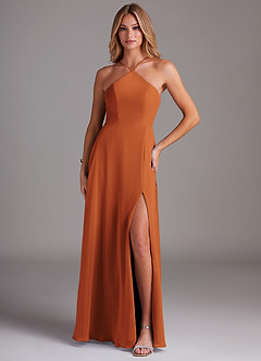Azazie Bailey Bridesmaid Dresses Cinnamon A-Line Halter Side Slit Chiffon Dress image1