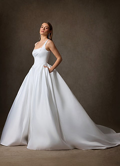 Azazie Celeste Vestidos de novia Vestido de Diamante Blanco de Satén de Corte Princesa con Con bolsillos image6