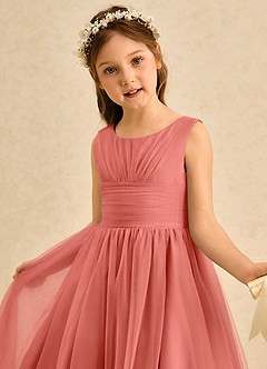 Azazie Macaron Flower Girl Dresses Salmon Pink A-Line Pleated Tulle Dress image5