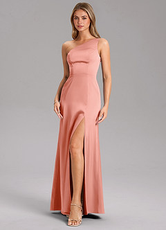 Azazie Feby Robes de demoiselle d'honneur Robe Trapèze en Satin extensible Ue épaule Corail image6