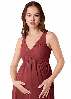 Azazie Yetta Maternity Bridesmaid Dresses A-Line V-Neck Gathered Chiffon Floor-Length Dress image6