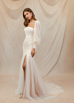 Azazie Aliana Vestidos de novia Vestido de Blanco Diamante Nude de Tul de Corte Sirena con Encaje image3