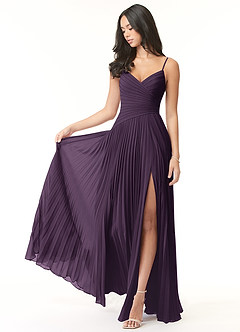 Azazie Vini Brautjungfernkleider A-Linie V-Hals Gefaltet Chiffon Kleid Pflaume image1
